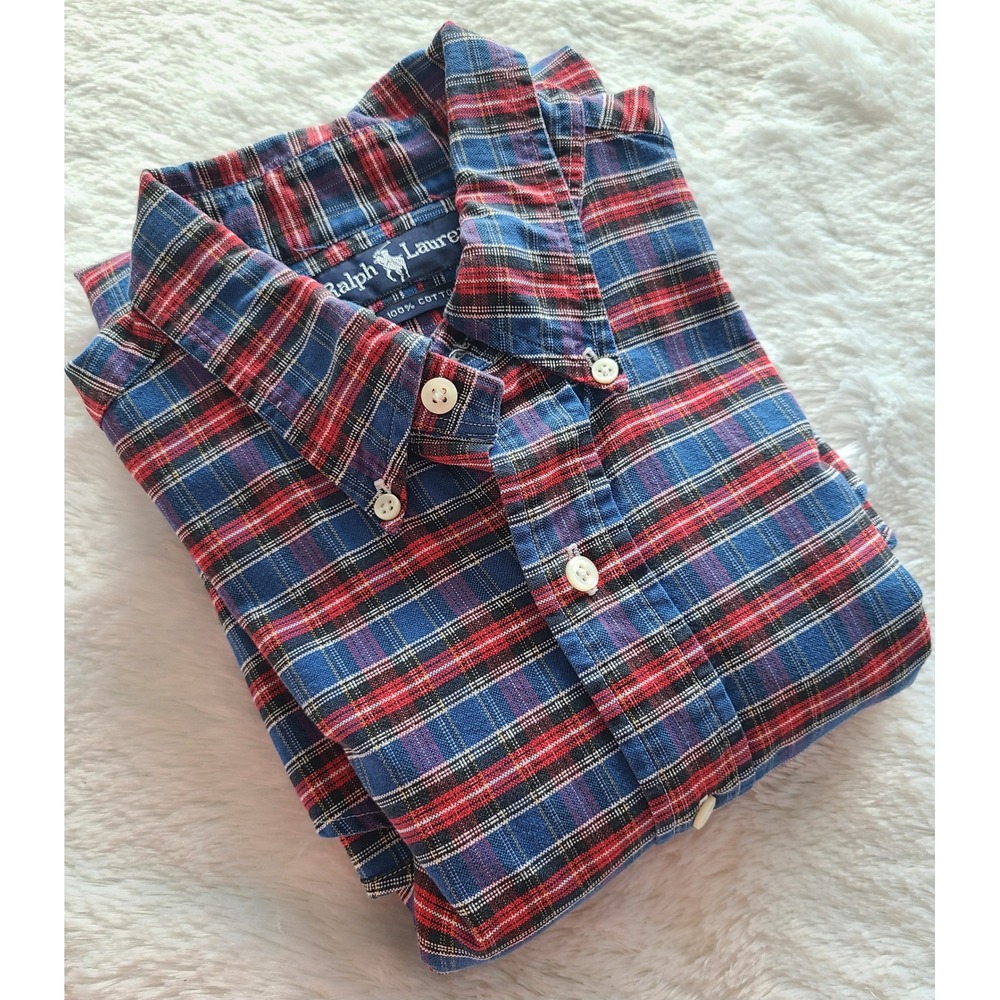 Ralph Lauren Mens Plaid Button Down Shirt Blue Red Yellow Cotton Large